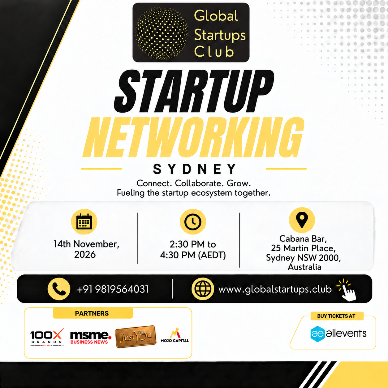 Global Startups Club Sydney Startup Networking square flyer for 14 November 2026